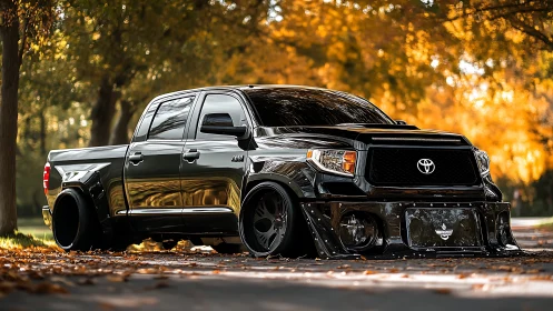 Photorealistic slammed Toyota truck in autumn park setting.