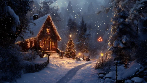 Snowy forest cabin glows with warm festive lights at dusk.