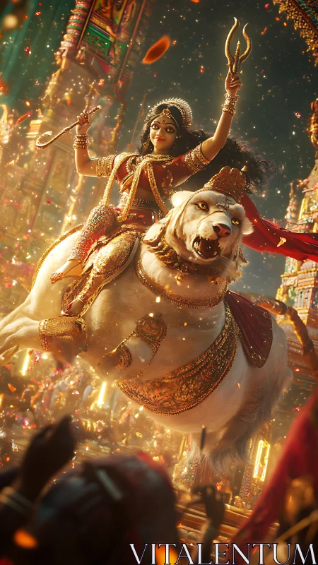 Radiant goddess riding divine lion through festival light.