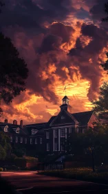 Collegiate brick mansion under dramatic backlit storm clouds
