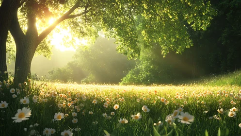 Sunlight filters over daisies in a gently sloping meadow