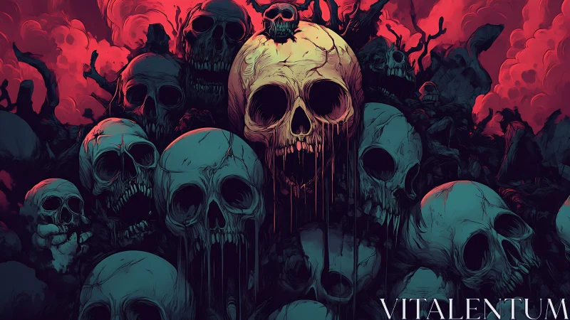 Dripping skull monument towers over a blood-red infernal sky