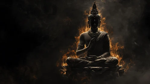 Serene Buddha statue glows gently within swirling golden fire