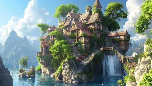 Fantastical Castle Perched on Cliff with Waterfall.