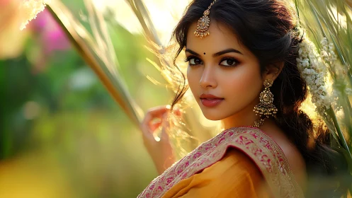 Portrait of woman in golden sari with ornate jewelry outdoors