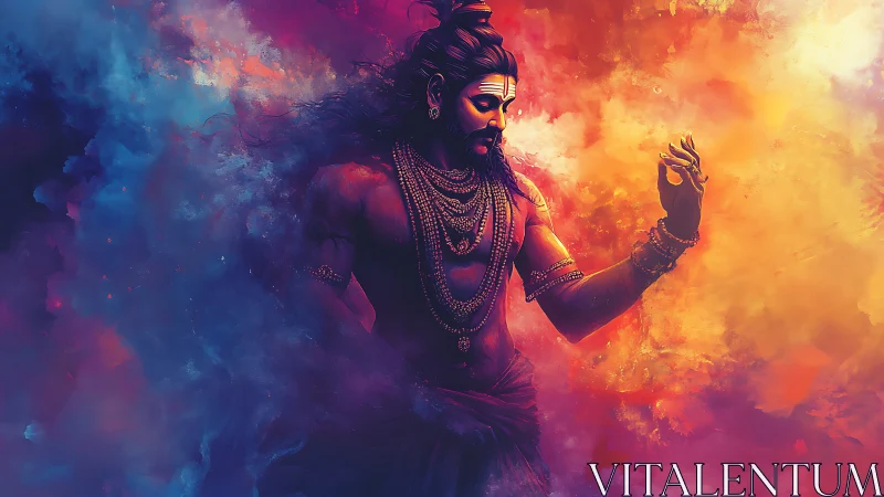 Radiant divine figure rises in swirling clouds of vivid light