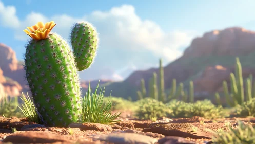 Sunlit cartoon cactus with yellow bloom in soft desert vista.