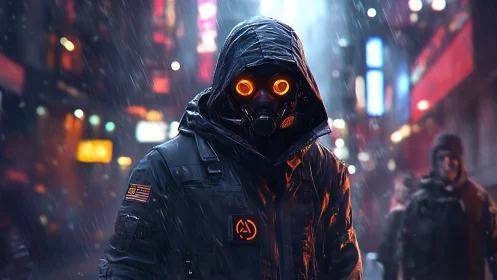 Hooded figure in gas mask with glowing eyes in rainy city
