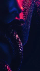Neon-lit partial portrait with coiled serpent texture study.