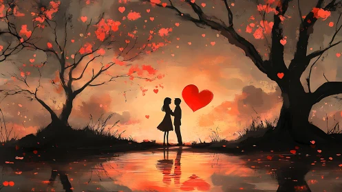 Silhouetted figures positioned near water beneath trees