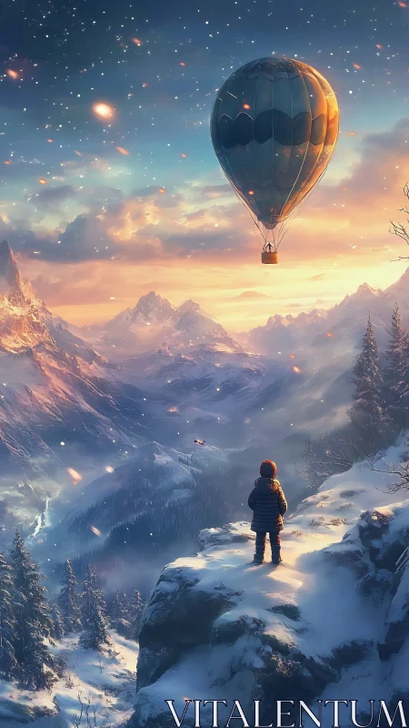 Snowy mountain child peacefully watching a glowing hot air balloon