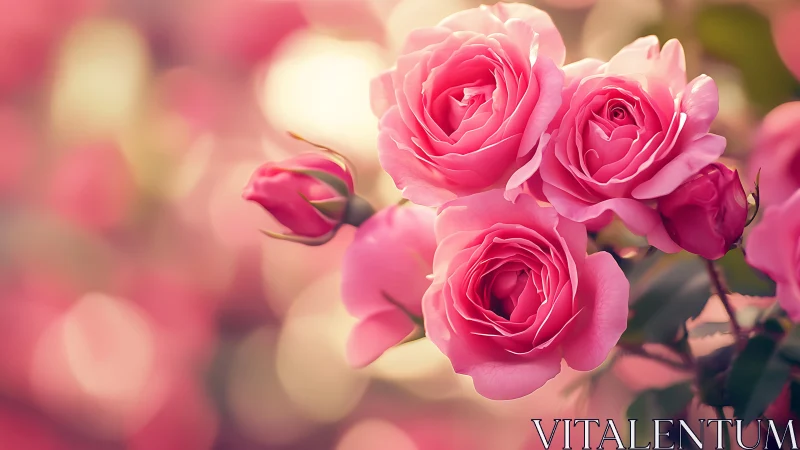 Pink Roses in Soft Sunlight. Close Garden Detail.