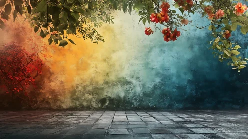 Color graded courtyard wall meets tiled stone ground