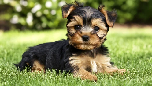 Tiny Yorkie daydreams in a sunlit patch of summer lawn.