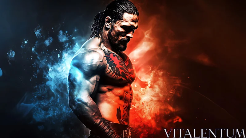 Tattooed warrior bends between blue frost and red flame