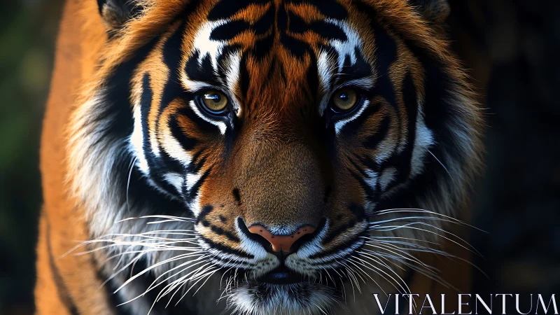 Intense tiger portrait under low-key dramatic lighting.