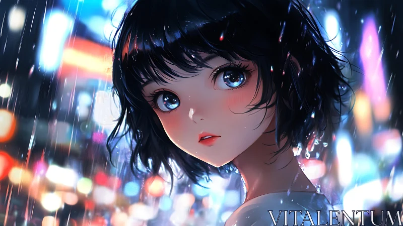 Neon rainlit gaze over a dreaming midnight city street.