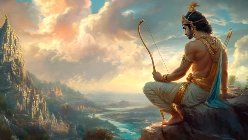 Warrior prince contemplates a mythic river kingdom at dawn