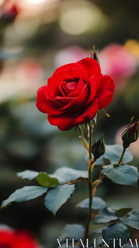 Red rose bloom with buds and foliage, shallow depth of field.