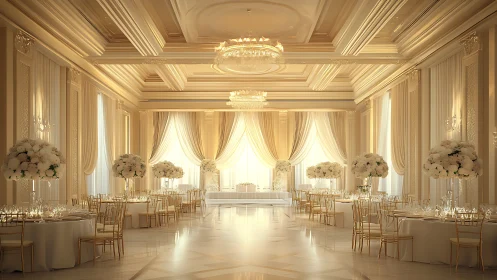 Neoclassical ballroom with axial symmetry and luminous drapery.