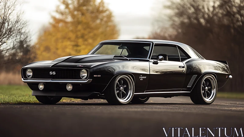 Midnight-black Camaro SS prowls a quiet autumn backroad.