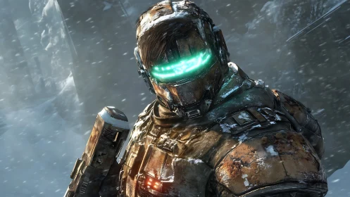 Armored sci fi soldier with teal visor in hostile snowstorm