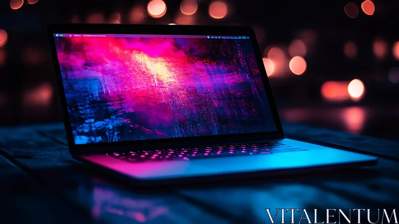 Neon laptop dreaming in glitchy magenta midnight rain.
