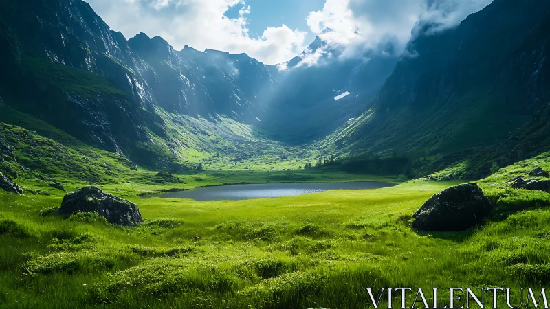 Alpine cirque meadow and glacial tarn under volumetric light
