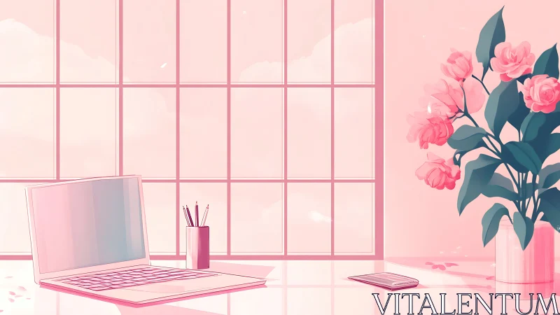 Monochrome rose-tinted workspace with laptop and florals.