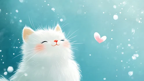 Adorable Fluffy White Cat with Happy Heart