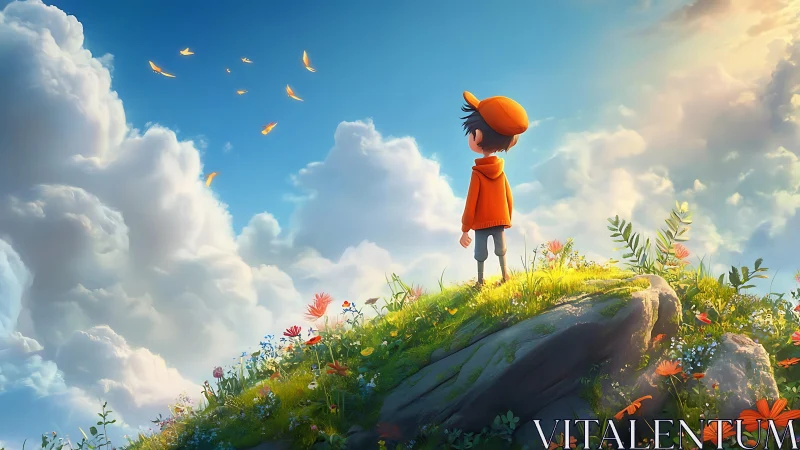 Daydreaming boy crowns a sunlit hill beneath drifting petals