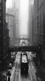 Morning streetcar glides through a misty vintage city canyon
