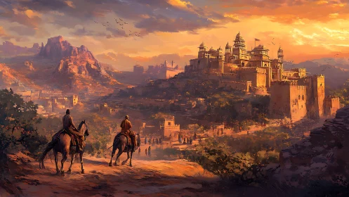 Sunlit hilltop castle welcomes travelers at golden sunset.