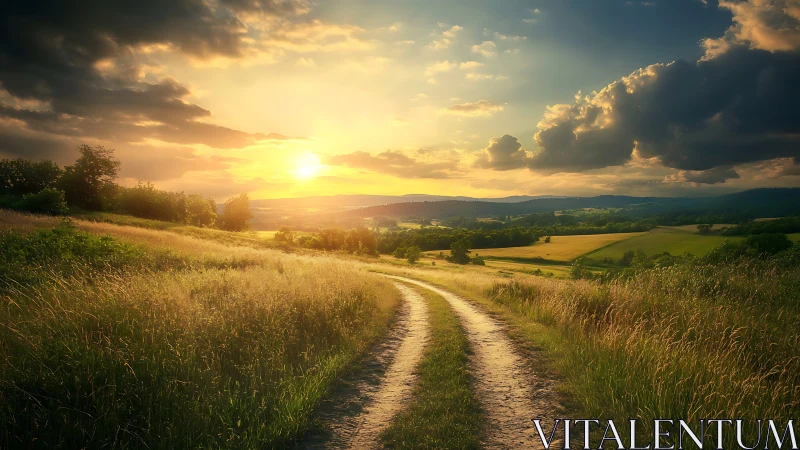 Country dirt road curves toward golden valley sunset glow.