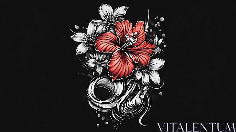 Red hibiscus floral cluster with monochrome ornamental scrolls