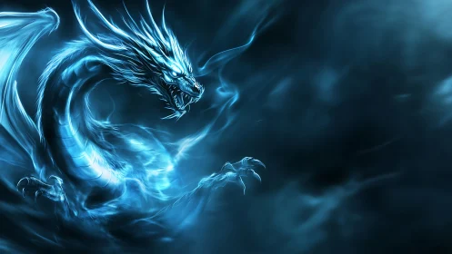 Blue spectral dragon coils in motion within dark mist