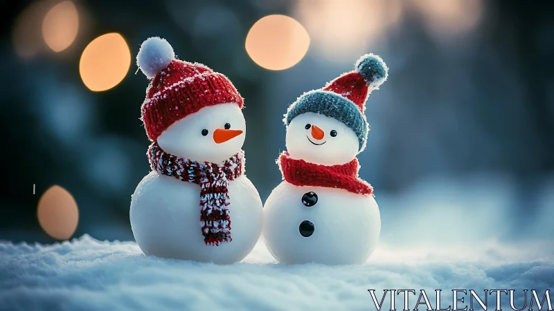 Snowmen in knitted hats under glowing winter bokeh light.