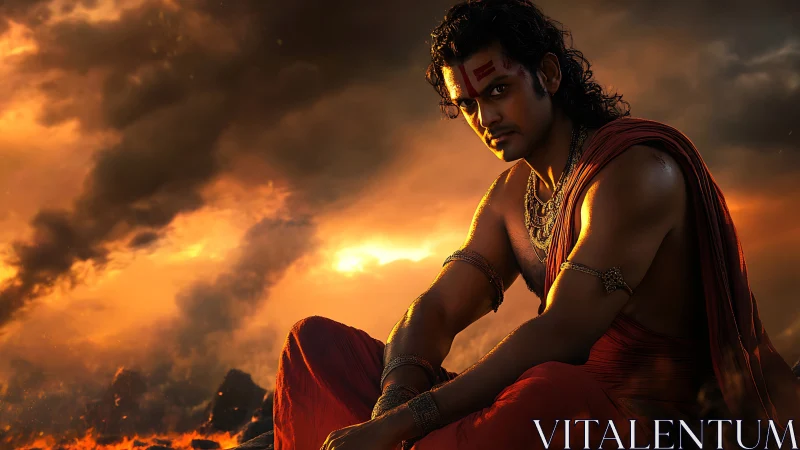 Warrior figure in red robes against smoky fiery sky background.