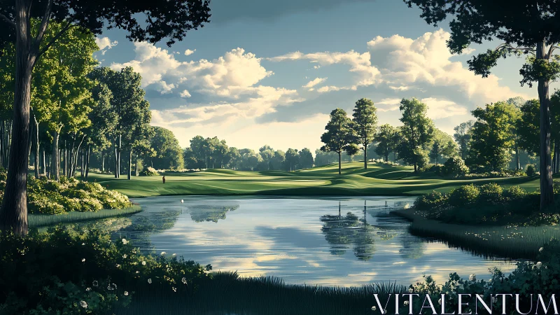 Digital landscape of lakeside golf fairway in afternoon light.