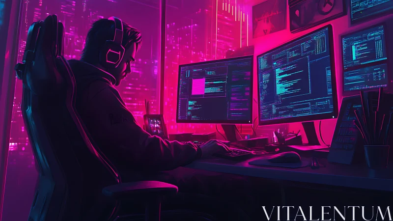 Programmer at multi-monitor workstation in neon-lit room.