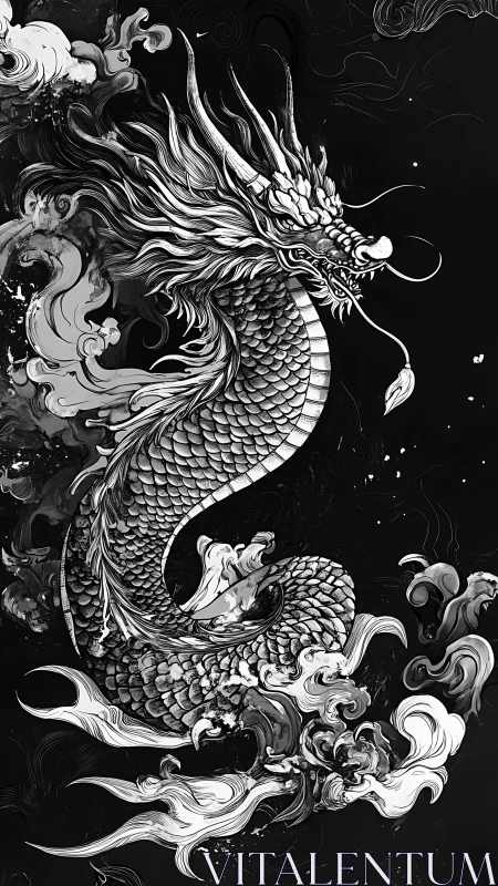 Monochrome oriental dragon illustration with swirling ink clouds