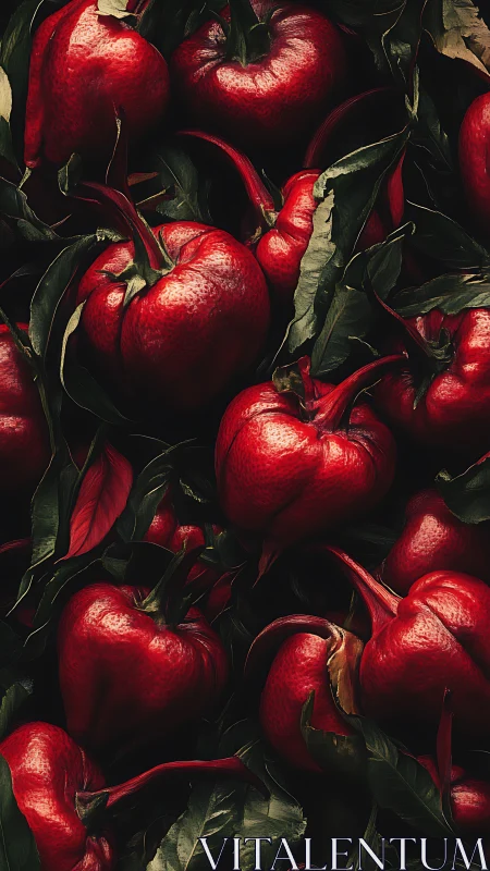 High-contrast macro cluster of red peppers with deep foliage shadows