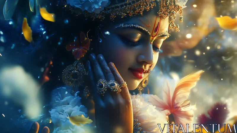 Divine feminine portrait with jeweled adornments in soft bokeh light