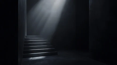Staircase ascending into light within shadowed void.