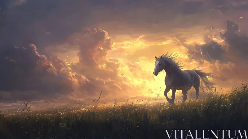 Sunset wind braids a lone horse in wildflower thunder