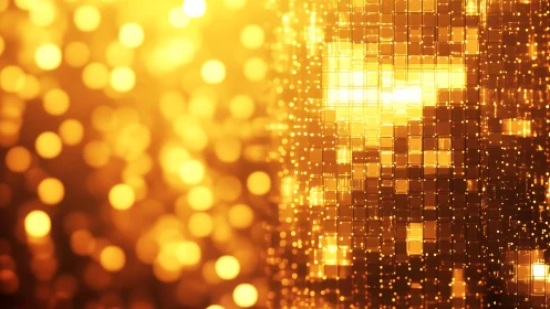Golden light bokeh and digital mosaic abstract background.