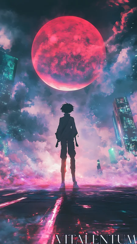 Radiant red moon welcomes a lone dreamer in neon night