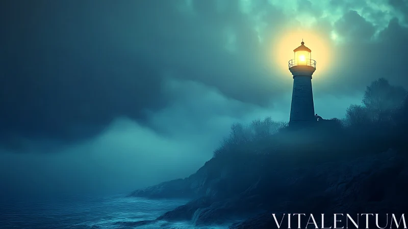 Lighthouse on rocky coast under moody blue night sky.