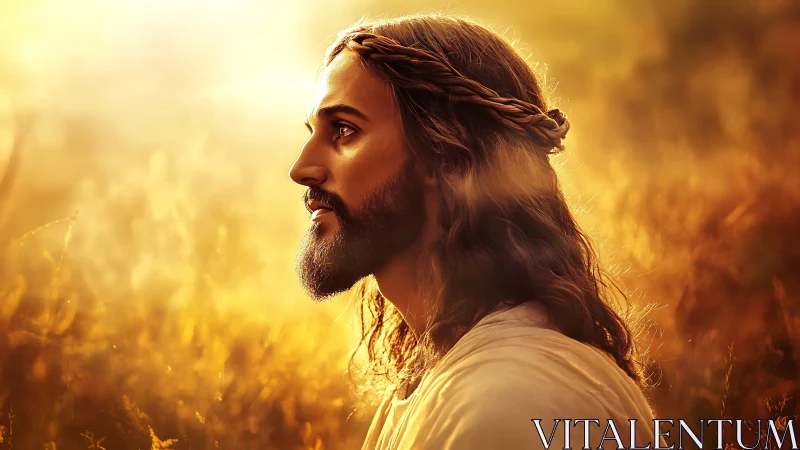 Gentle robed figure glowing in peaceful golden sunset field.