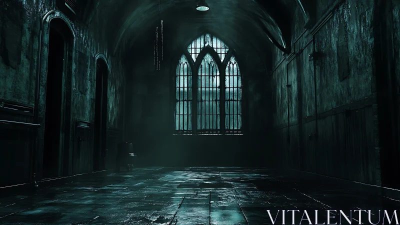 Gothic corridor under eerie teal light with barred window.